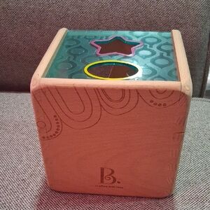 Wooden Shape Sorter Cube in Natural Wood and Teal